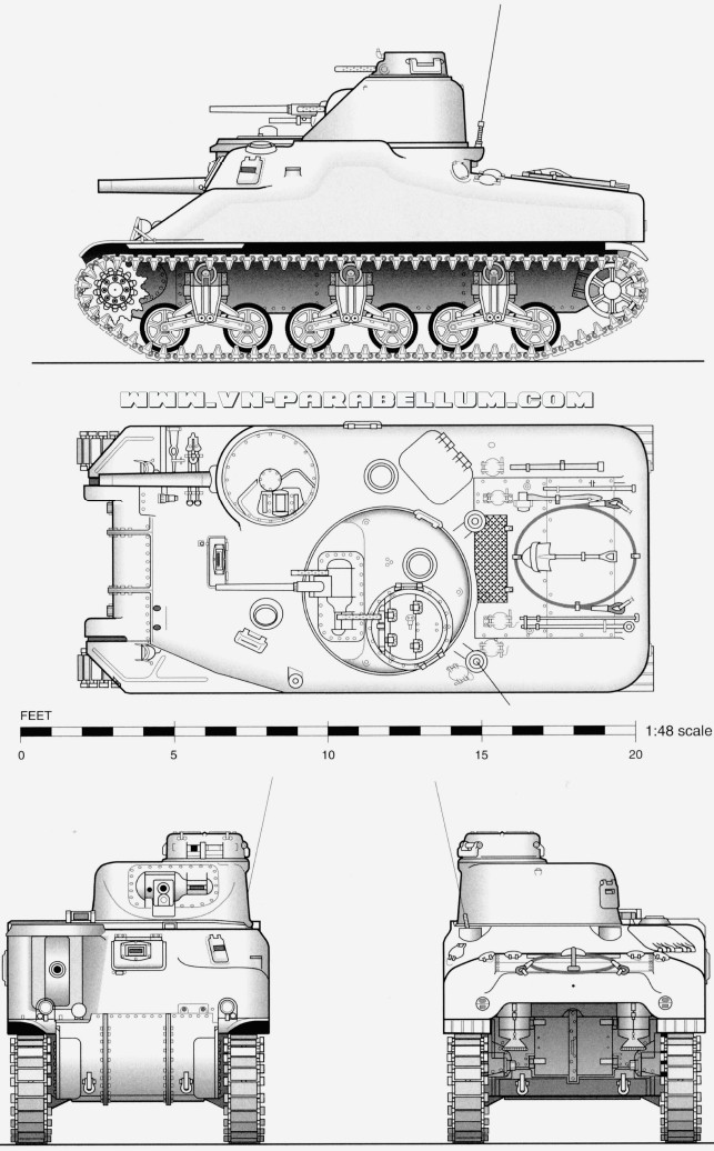 чертёж Поздний М3А1 Грант (M3A1 Lee) с литым корпусом, вентиляторами и без боковых дверей